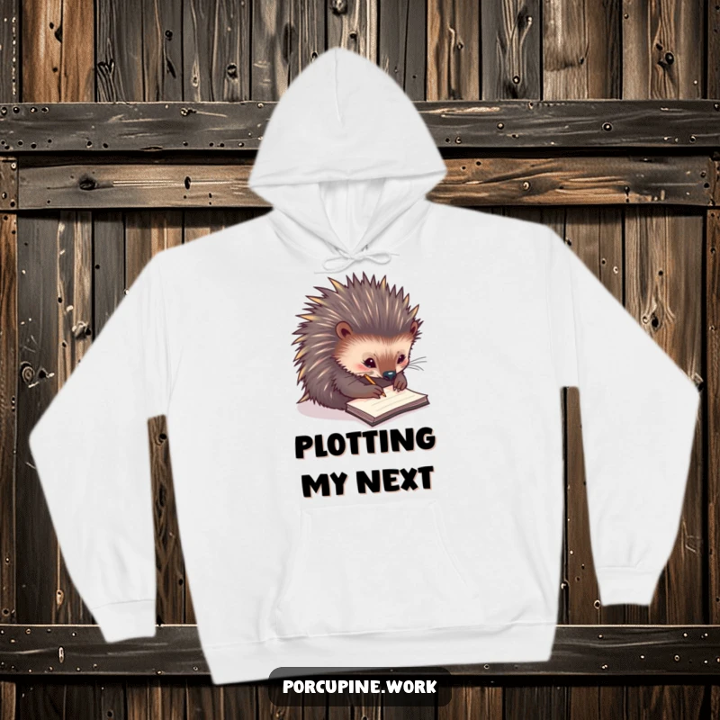 Funny hoodie featuring a porcupine engrossed in writing notes on a small notepad, representing focus and productivity with humor.