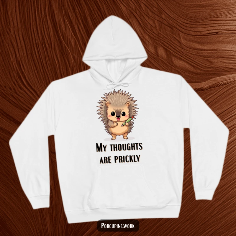 Funny porcupine hoodie, cozy and warm, featuring a happy porcupine shimmying with a pen, ideal for winter.
