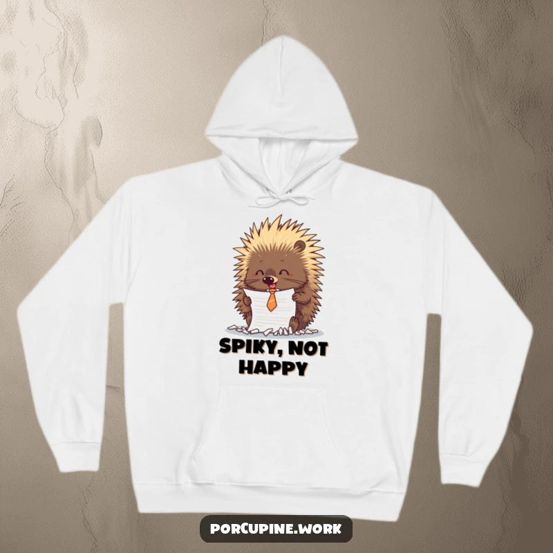 A funny porcupine, dressed in a small tie, gleefully shreds a document, exuding playful rebellion on this cozy hoodie.