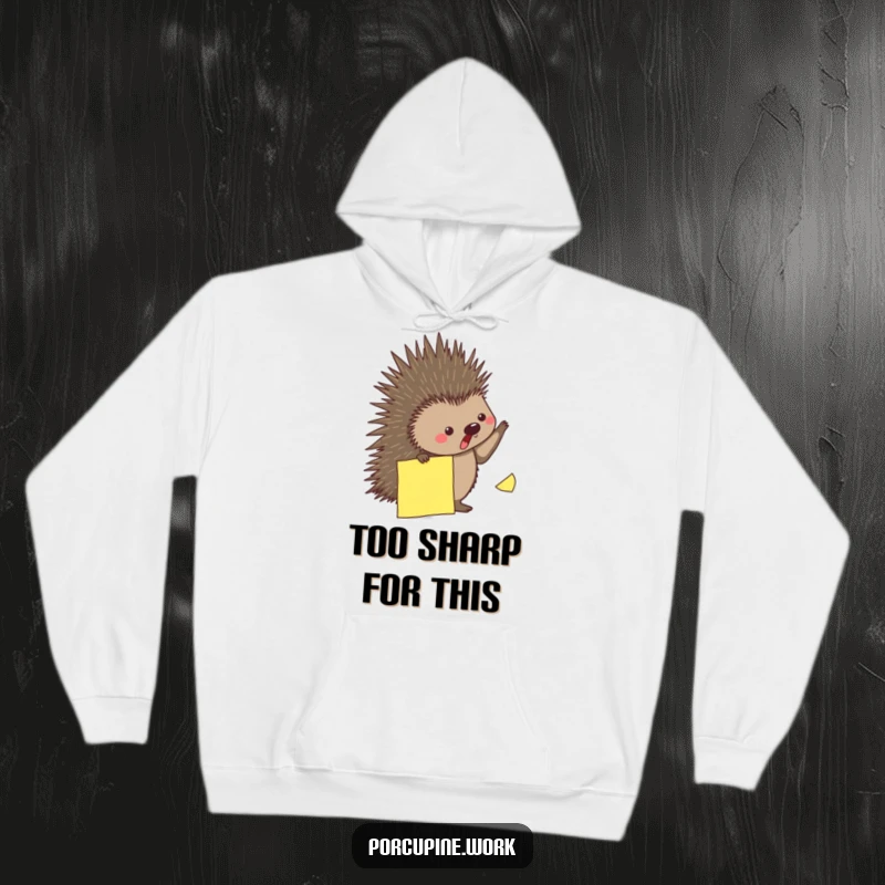 Funny hoodie depicting a porcupine playfully dodging a falling sticky note, offering comfort and humor.