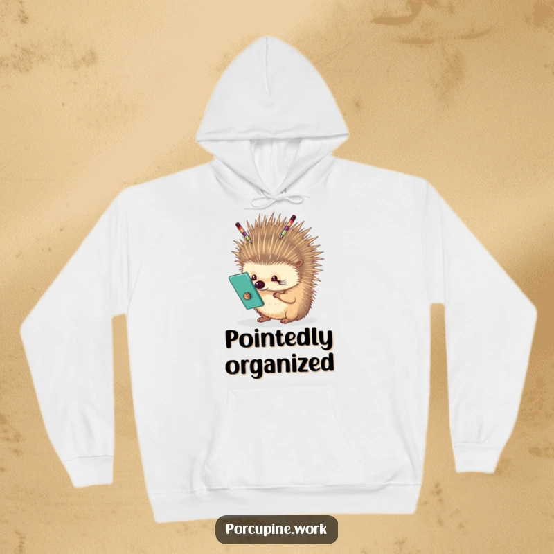 Funny porcupine carefully balancing office supplies on its quills, warm hoodie design, representing workplace juggling.