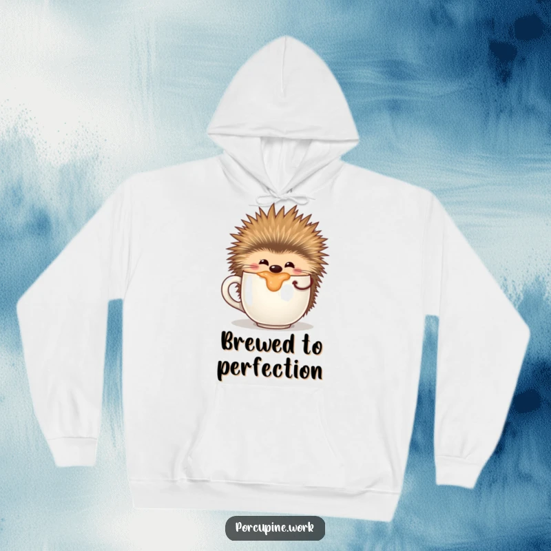 Funny hoodie showing a joyful porcupine happily sipping from a huge coffee mug, radiating warmth and contentment.