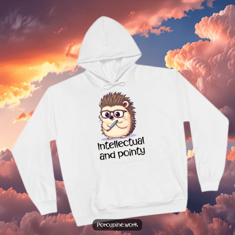 Funny porcupine wearing spectacles, thoughtfully holding a pen, cozy hoodie design, ideal for chilly study sessions or as a gift.