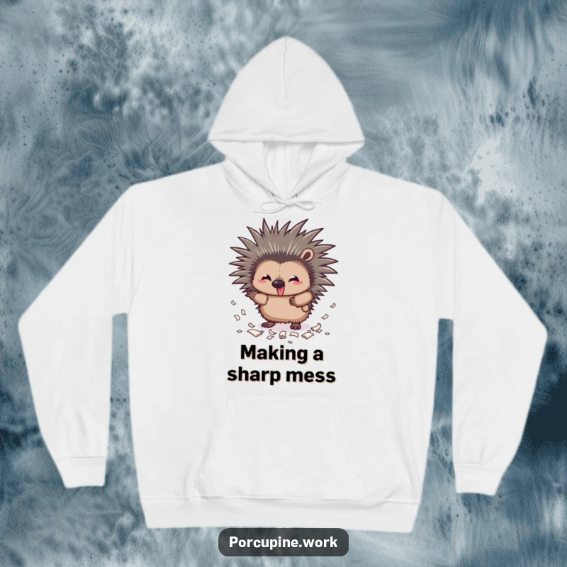 Funny mischief porcupine hoodie depicting a mischievous porcupine with outstretched quills scattering paper scraps, warm and amusing.