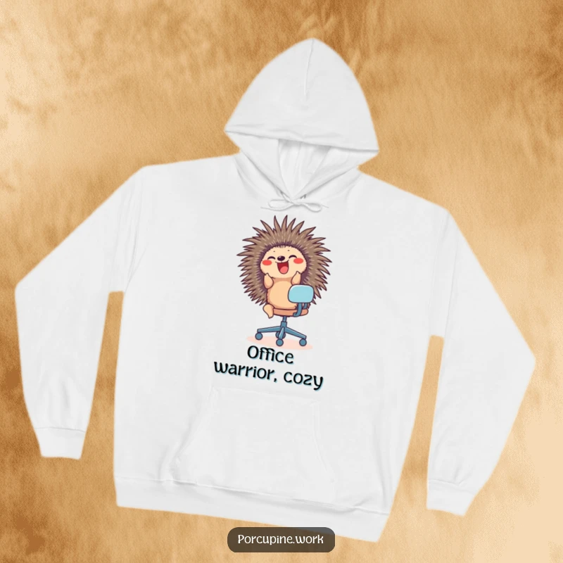 Funny hoodie featuring a porcupine joyfully rolling in an office chair, providing warmth and humorous office vibes.