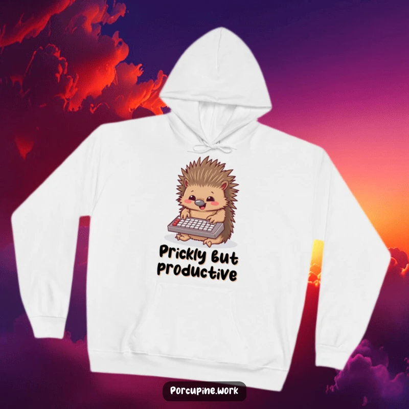 Funny porcupine hoodie depicting a porcupine with a huge smile, typing merrily on a miniature keyboard, a true joy to behold.