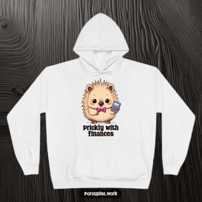 Funny smart porcupine hoodie depicting a determined porcupine in a bowtie holding a calculator, perfect for warmth.