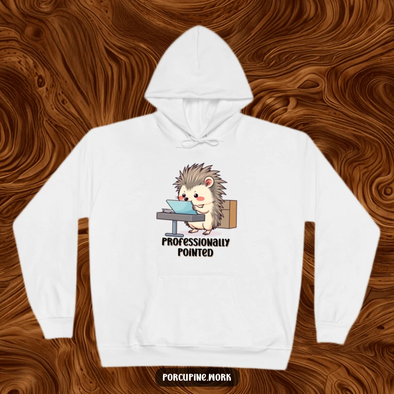 Funny Hoodie showcasing a porcupine sliding a file folder with precision, perfect for cozy work-from-home days.