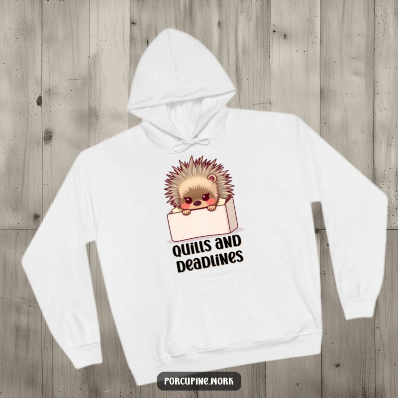 Funny porcupine peeking over a gigantic, overflowing inbox, looking comically stressed, cozy hoodie for office humor lovers.