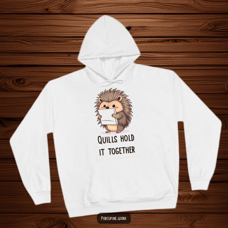 A porcupine precariously holding a large stack of papers with its quills, depicted on a soft and funny hoodie.