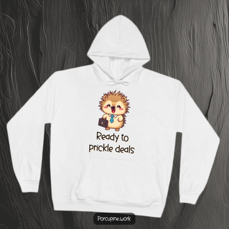 Funny business porcupine hoodie showing a round, dapper porcupine with a briefcase, perfect for a warm and amusing feel.