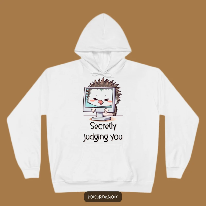 Funny Porcupine Spy Hoodie: Cozy Hiding Behind Monitor with Sly Grin, Ultimate Funny Gift