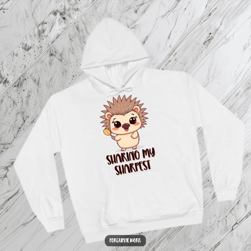 Funny quill porcupine hoodie depicting a joyful porcupine with bright eyes offering a single quill, perfect for comfort.