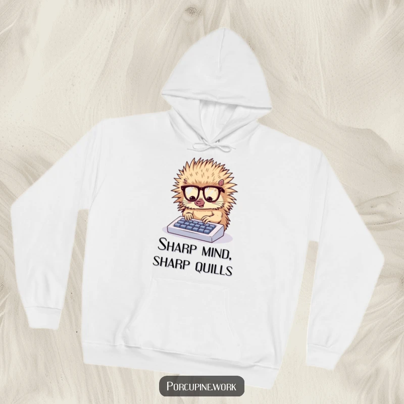 Funny hoodie depicting an intelligent porcupine wearing glasses, focused intently while typing on a miniature keyboard.