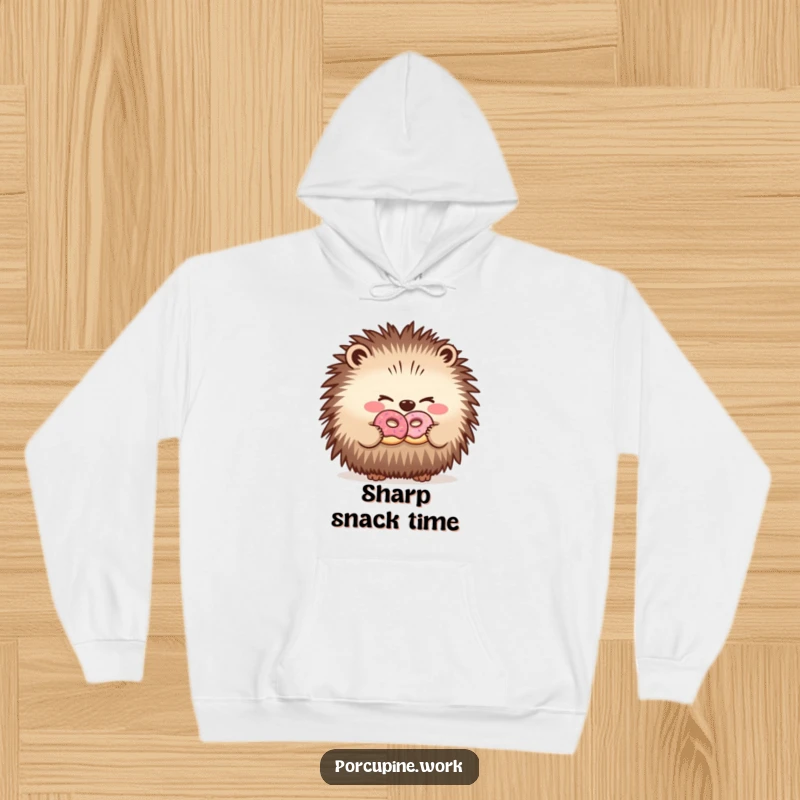 Funny hoodie depicting a porcupine winking while offering a tiny donut to a coworker, symbolizing camaraderie and humor.
