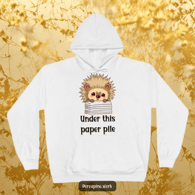 Funny hoodie showing a porcupine curiously peeking over a stack of paperwork, symbolizing investigation and a playful office vibe.