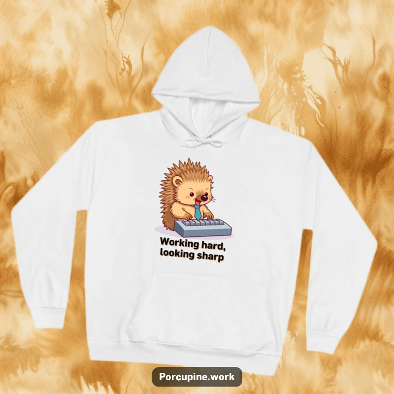 Funny hoodie featuring a porcupine wearing a miniature tie, typing with great enthusiasm on a laptop.