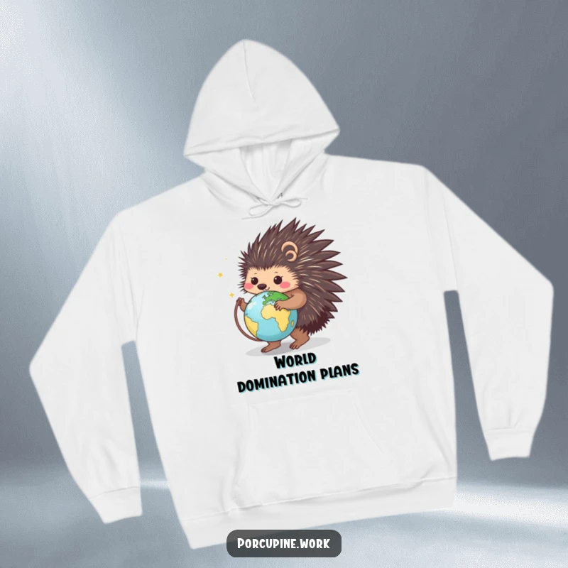 Funny hoodie featuring a porcupine spinning a globe, embodying a spirit of adventure and cozy, humorous exploration.