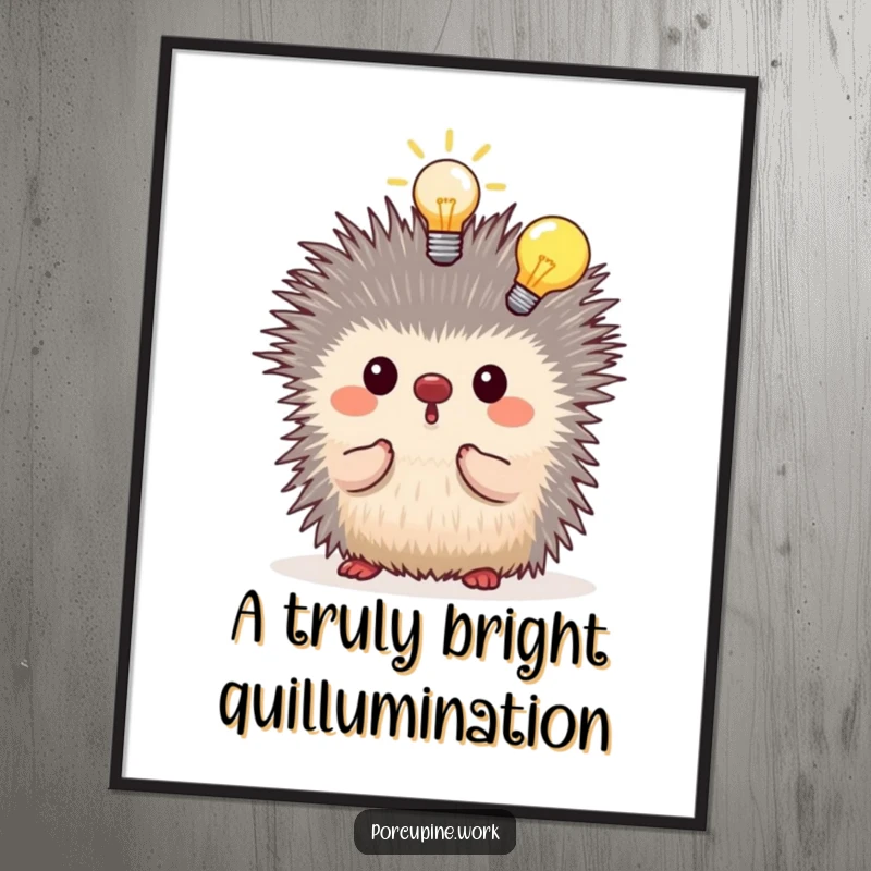 Funny free printable wall art of a porcupine with a shining lightbulb above its head, representing a moment of genius.