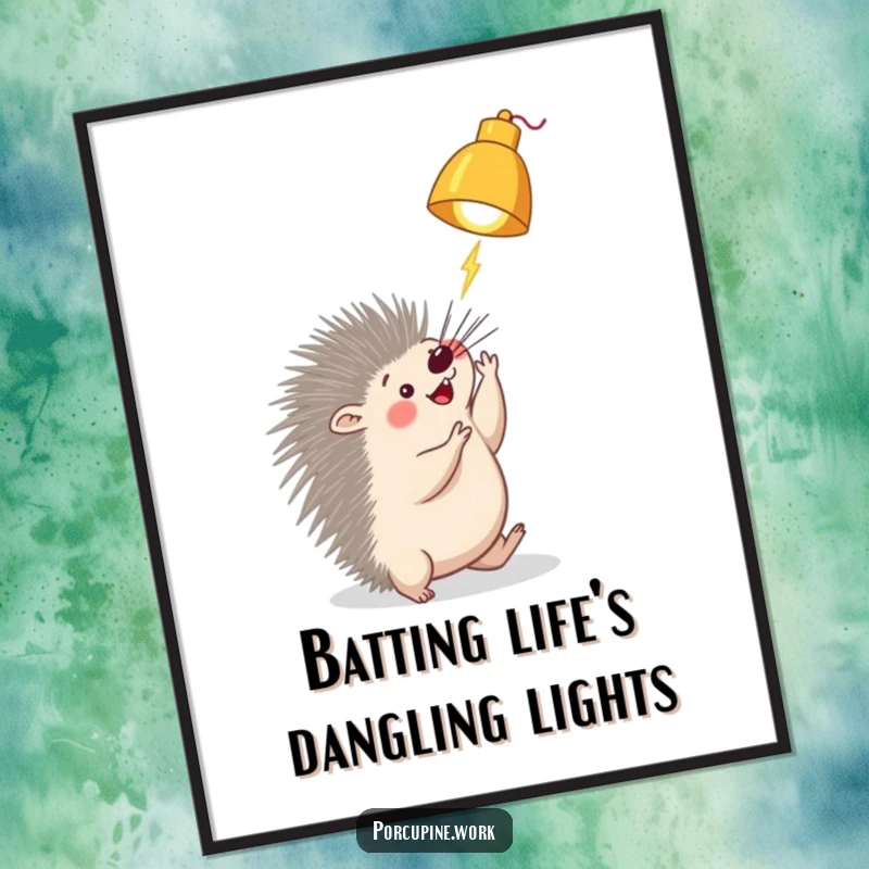 Funny Free Printable Wall Art: A porcupine playfully batting at a dangling desk lamp, adding whimsical charm.