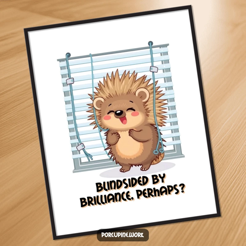 Funny Free Printable Wall Art: A porcupine hilariously tangled in office window blinds, creating a comical scene.