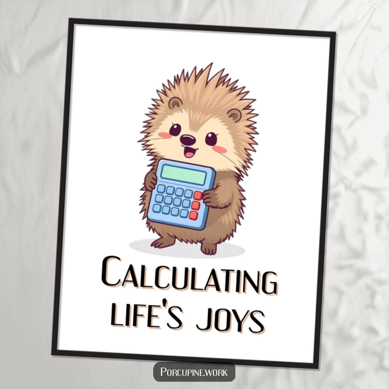 Funny Free Printable Porcupine Wall Art, a porcupine triumphantly holding a tiny calculator, showcasing calculation success.