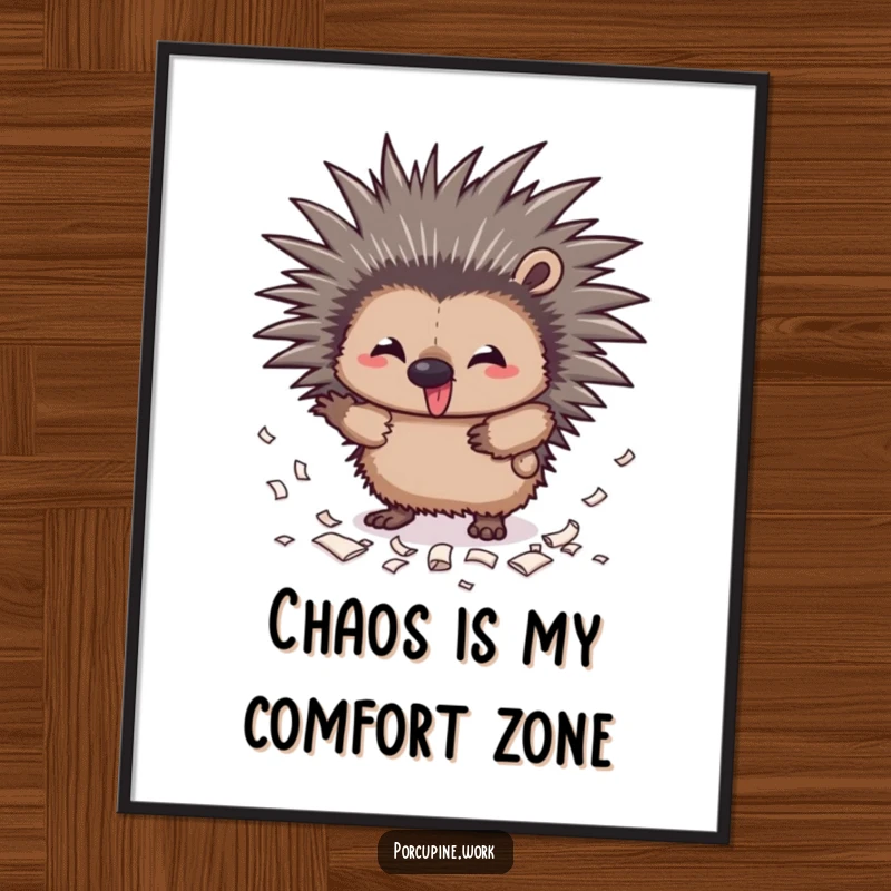 Funny Free Printable Wall Art: Mischievous porcupine with outstretched quills, scattering tiny paper scraps.