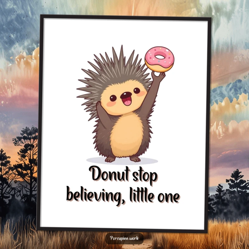 Funny Free Printable Wall Art: A porcupine proudly holds a miniature donut up high, a symbol of sweet triumph.