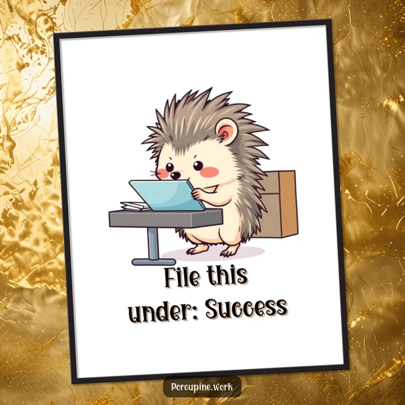 Funny Free Printable Wall Art of a porcupine efficiently sliding a file folder across a desk.