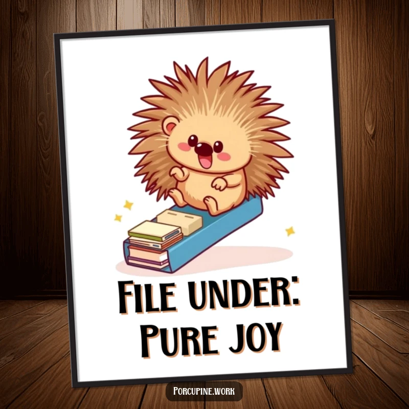 Funny Free Printable Wall Art: A porcupine gleefully sliding down a ramp made of file folders, office art.