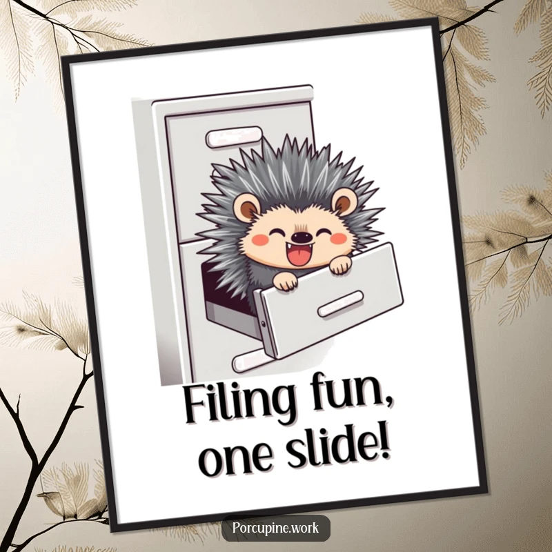 Funny Free Printable Wall Art: A porcupine slides down a filing cabinet with a wide grin, capturing office chaos humor. Unique decor.