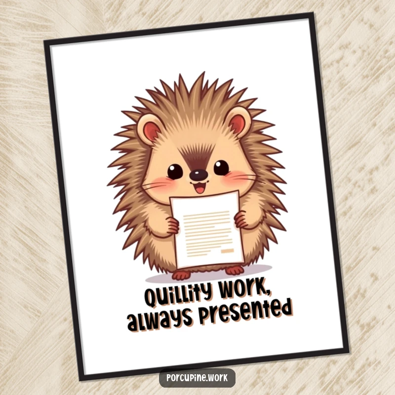 Funny free printable wall art of a porcupine triumphantly presenting a document, embodying pride and achievement. Motivational decor.