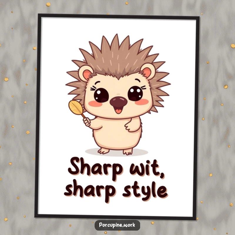 Funny Free Printable Wall Art: Cheerful porcupine with wide eyes, enthusiastically presenting a single quill.