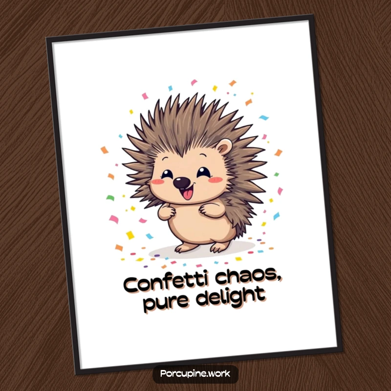Funny Free Printable Wall Art: A porcupine scattering colorful confetti with a mischievous grin, bringing cheer.