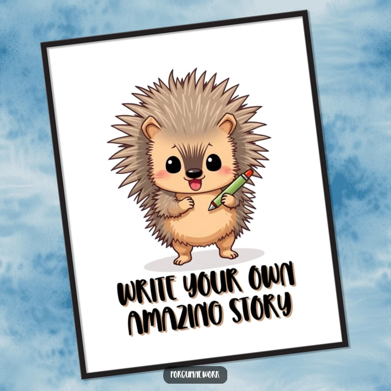 Funny Free Printable Wall Art: A delightful porcupine doing a little shimmy, holding a pen, perfect for adding humor to any room.