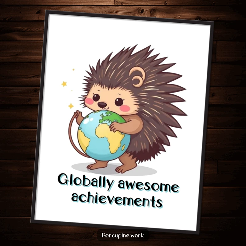 Funny Free Printable Wall Art: A happy porcupine spins a tiny globe with a smile, symbolizing global exploration.
