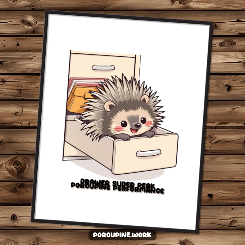 Funny Free Printable Wall Art: A porcupine gleefully slides down an open filing cabinet drawer, set against a clean backdrop.
