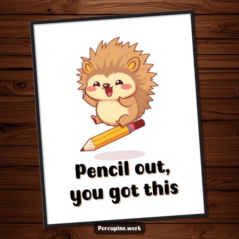 Funny Free Printable Wall Art: A porcupine gleefully jumps high over a pencil, conveying a sense of playful energy.