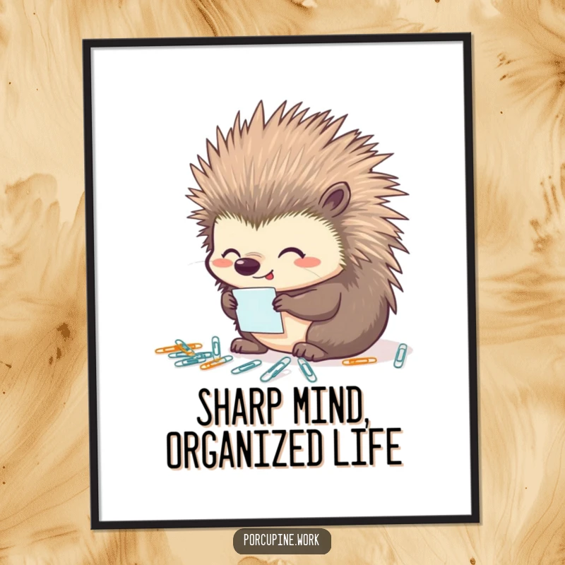 Funny Free Printable Wall Art: A porcupine happily organizes tiny paperclips, bringing neat charm to any room.