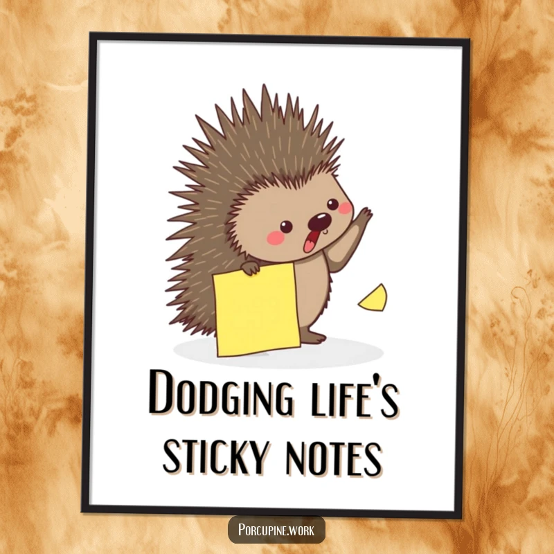 Funny Free Printable Wall Art: A porcupine actively and playfully dodging a falling sticky note in a whimsical scene.