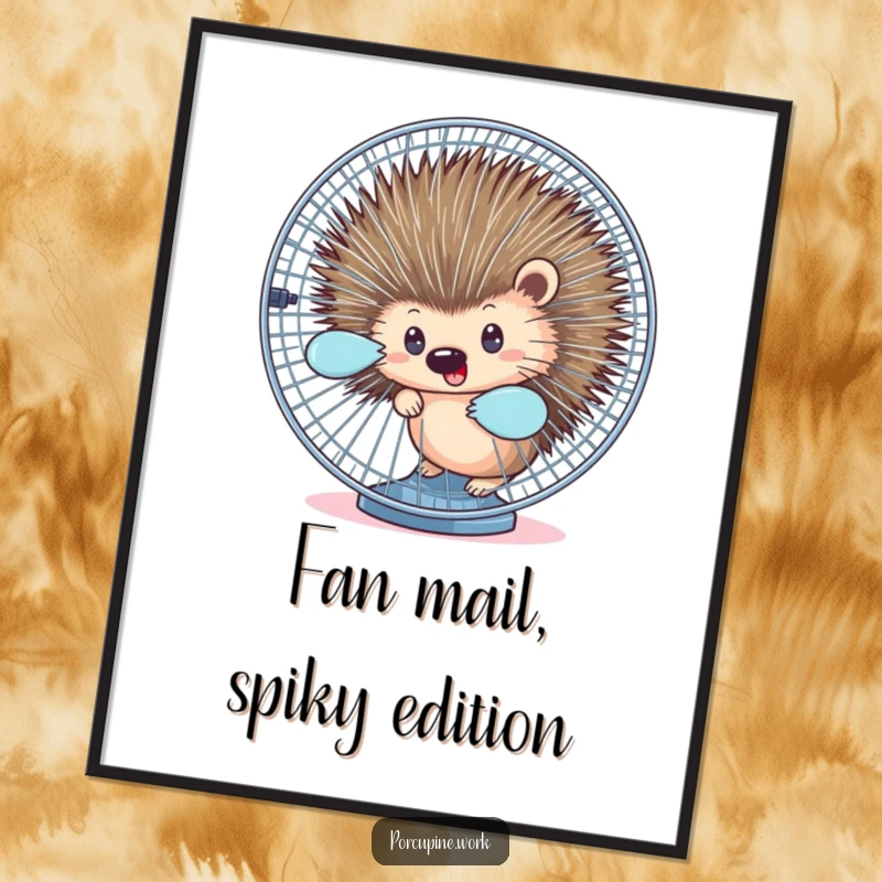 Funny Free Printable Wall Art: A porcupine cautiously peeking out from behind a spinning office fan, creating a humorous scene.