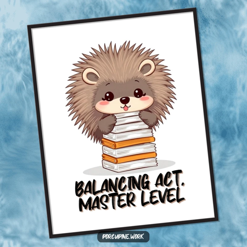 Funny Free Printable Wall Art: A porcupine artfully balances a huge stack of papers on its quills, evoking office chaos and skill.