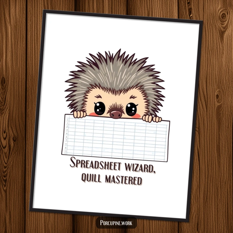 Funny free printable wall art: a porcupine with wide, focused eyes peers over a huge spreadsheet, representing dedication and hard work.