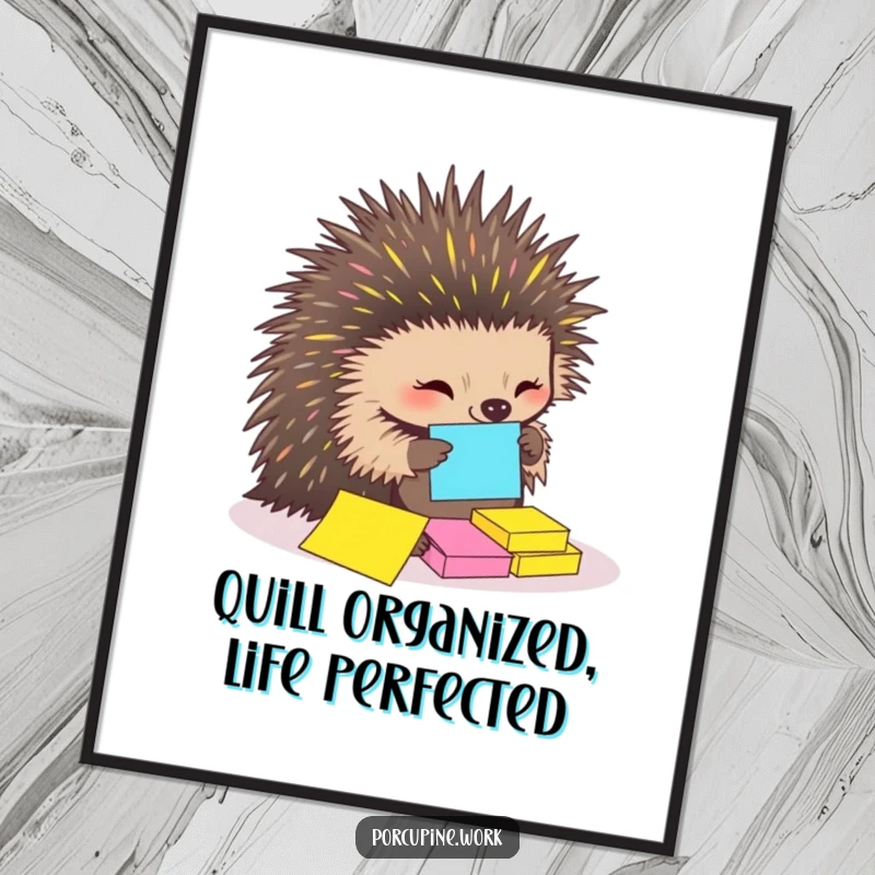 Funny free printable wall art: a porcupine uses its quills to neatly arrange colorful sticky notes, a charmingly organized scene.