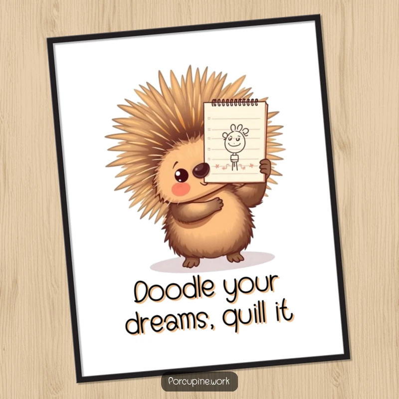 Funny free printable wall art: a porcupine proudly displays a well-executed doodle on a notepad, showcasing artistic talent.