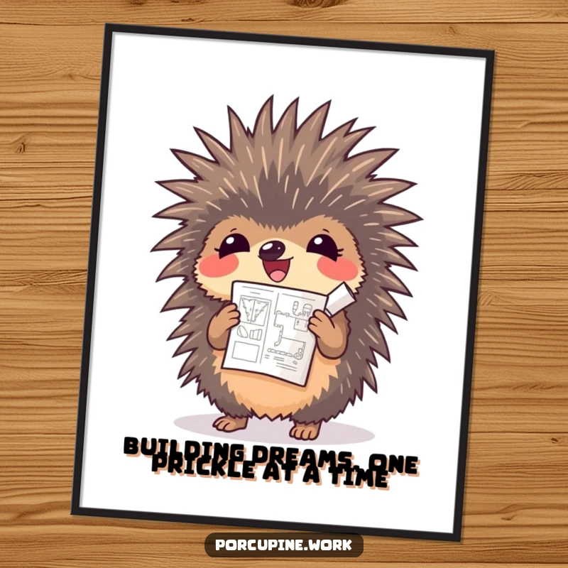 Funny Free Printable Wall Art: A joyous porcupine holds a small rolled blueprint, celebrating a new design.