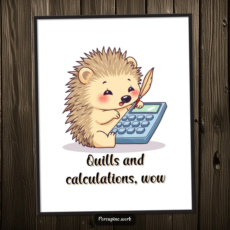 Funny Free Printable Wall Art: A porcupine playfully taps calculator keys with its sharp quill.