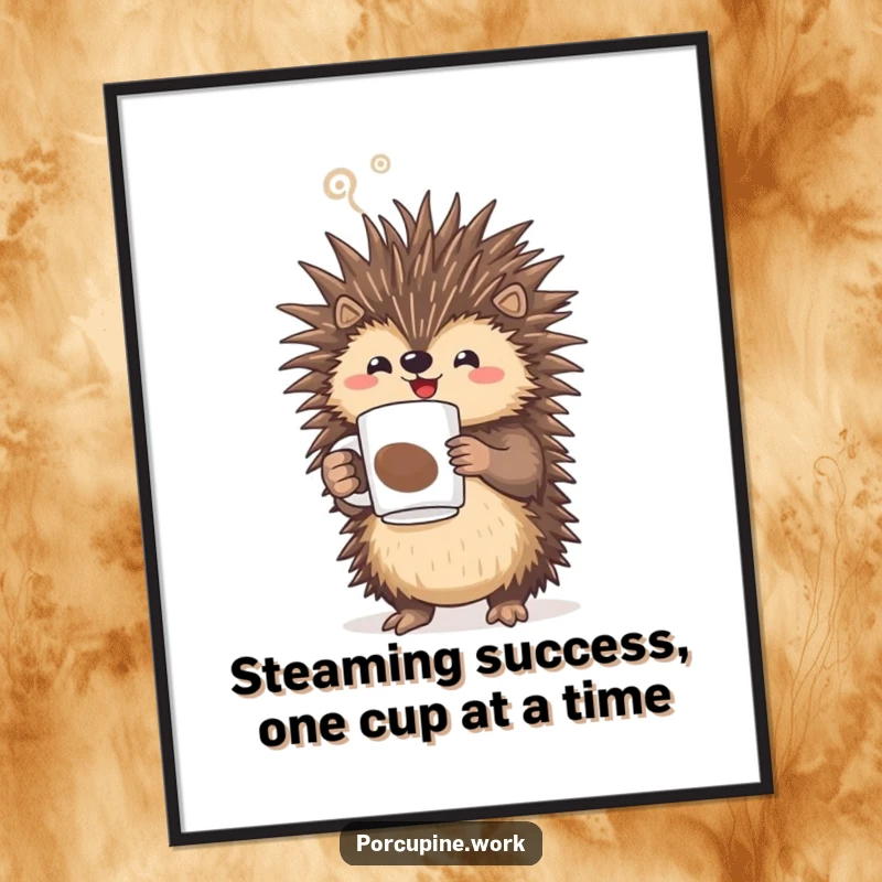 Funny Free Printable Wall Art: A triumphant porcupine celebrates with a steaming mug of coffee.