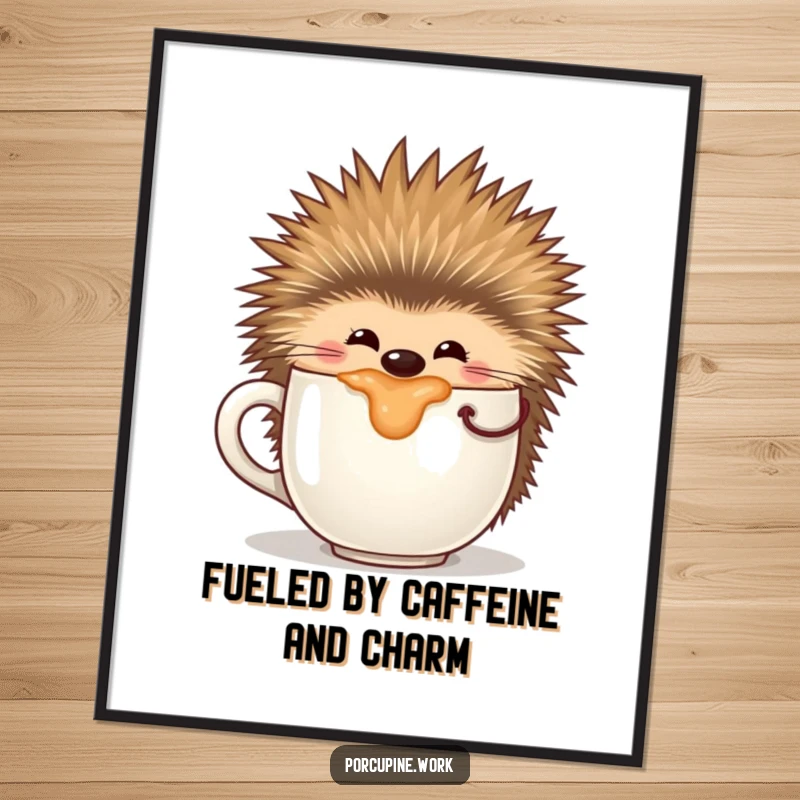 Funny Free Printable Wall Art: A contented porcupine happily sips from an oversized coffee mug, embodying cozy relaxation.