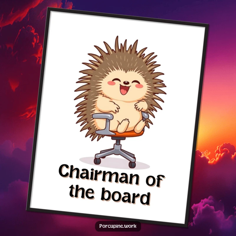 Funny Free Printable Wall Art: A porcupine gleefully riding a rolling office chair, dynamic office art.